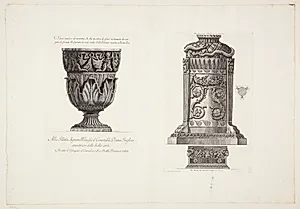Marmorvase med frise af putti og vinranker samt marmortrefod udsmykket med slange, frugtranker og satyrhoveder by Giovanni Battista Piranesi