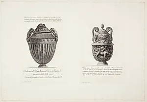 Marmorvase med hunde som hanke og marmorvase med relief med en ulv by Giovanni Battista Piranesi