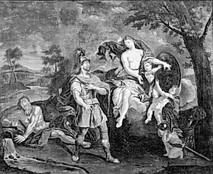 Mars synes at forsikre den i skyer siddende Venus om sin kærlighed. Imidlertid leger amoriner med hans våben by Ubekendt