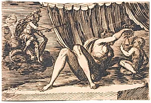 Mars, Venus, holdende en pære, og et barn by Melchior Lorck