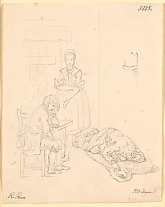 Marthe Køkkentøs kommer ind i stuen til Peder Paars og Per Ruus med brevet. "Peder Paars" III. bog II. sang by Nicolai Abildgaard