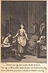 Marthe Kokketøs kommer ind i stuen til Peder Paars og Per Ruus by J.F. Clemens