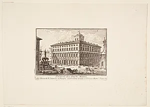 Mattei-grevernes Palazzo. 1. S. Caterina de Funari-kirken. 2. Fontæne foran Palazzo Mattei by Giovanni Battista Piranesi