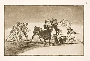 Maurerne benytter æsler som barriere for at forsvare sig mod tyren, hvis horn er blevet forsynet med kugler by Francisco de Goya