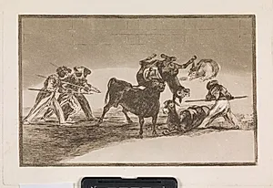 Maurerne benytter æsler som barriere for at forsvare sig mod tyren, hvis horn er blevet forsynet med kugler by Francisco de Goya