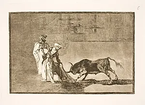 Maurerne udfører et andet trick i arenaen og lokker tyrene til sig med deres burnusser by Francisco de Goya