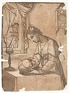 Mediterende kvinde med et kranie by Andrea Andreani