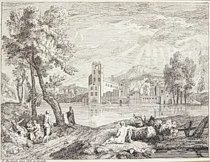Mennesker på en flodbred, i baggrunden et kloster