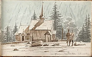 Mennesker ved en stavkirke. I baggrunden en bjergskråning by Martinus Rørbye