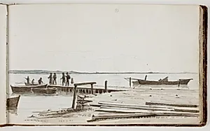 Mennesker ved et færgested by Martinus Rørbye