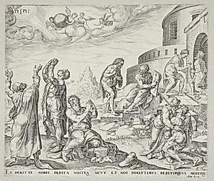 Mennesket beder om tilgivelse og tilgiver sine skyldnere by Johannes Wierix