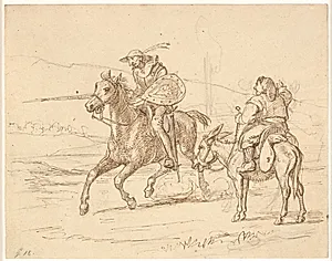 Mens Sancho ser til, går Don Quixote til angreb by Wilhelm Marstrand