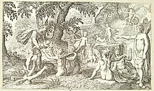 Merkur overdrager Bakkus til nymferne fra Nysa-bjerget by Pieter Serwouters