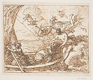 Minerva og Venus beskytter en mandlig helt (Æneas?) i en båd mod Amors pile by Pietro Roselli