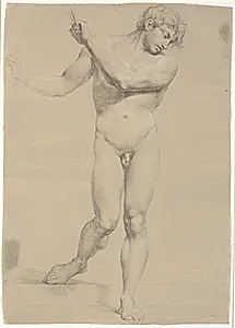 Model stående en face, med løftede arme by Jens Juel