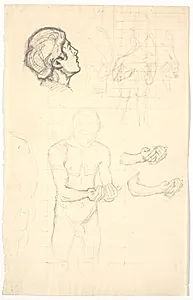 Modelstudie, studier af hænder og hoved by Niels Skovgaard
