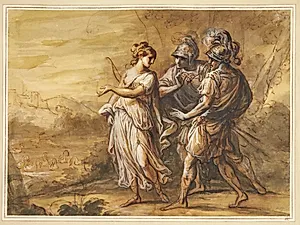 Mytologisk scene. Ung kvinde med bue vender sig mod to bevæbnede mænd by Angelica Kauffmann