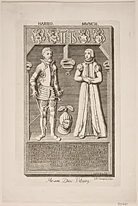 N. Harbo og hustrus gravsten. Illustration til ”Nobilitas Daniae ex monumentis”