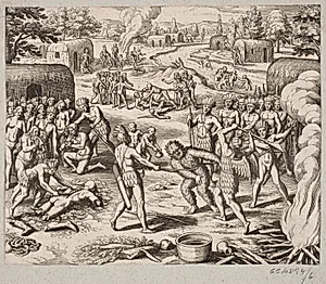 Når de fanger en af deres fjender bliver de på barbarisk og umenneskelig vis henrettet og spist by Matthäus Merian (I)