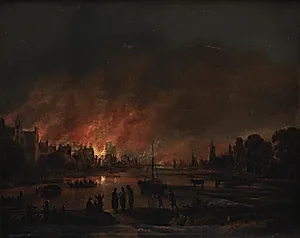 Natlig ildebrand i en landsby by Aert van der Neer