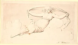 Natten, en hvilende kvindefigur. Udført som grisaille. Samme komposition som Td 542,38 dog uden vinger og med udslået hår by Nicolai Abildgaard