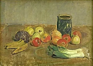 Nature morte. Æbler, porrer, bananer, og grøn krukke by Isakson, Karl