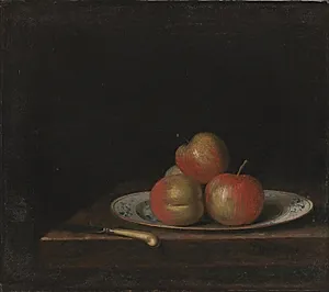Nature morte med æbler på en "ostindisk" tallerken