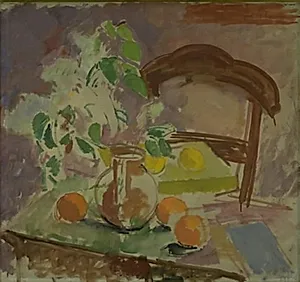 Nature morte med blommor, frukter och stolsrygg by Isakson, Karl