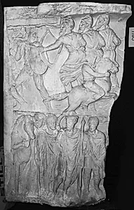 Nederst: romerne på march (Marcus Aurelius med spyd, Pompeianus ved hans side, en soldat passer på hest). Øverst: kampe mellem orientalske bueskyttere og germanere, hvoraf en flygter til hest. by Ubekendt