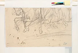 Nederste halvdel af to heste i galop og benene af rytterne ses, tegningen skåret over by Wilhelm Marstrand