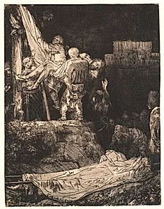Nedtagelsen af korset, ved fakkelskær by Rembrandt van Rijn
