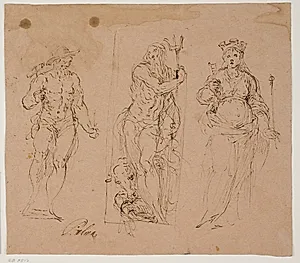 Neptun flankeret af Vulkan(?) og personifikationen af en by by Jacopo Palma (il Giovane)