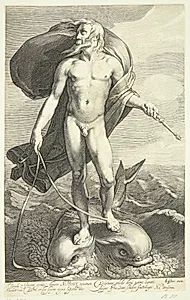 Neptun ridende på to delfiner