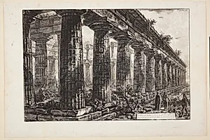 Neptun-templet i Paestum, set fra siden og forstørret i forholdt til det første blad by Giovanni Battista Piranesi