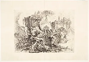 Neros grav. Dekorativ capriccio. I forgrunden arkitekturfragmenter og en sarkofag omvundet af slanger og med Neros grav herover by Giovanni Battista Piranesi