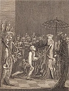 Niels Klim bøjer knæ for Potuanernes fyrste by J.F. Clemens