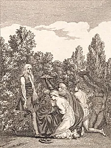 Niels Klim hyldes af Qvamiterne, der bringer ham gaver og knæler for ham by J.F. Clemens