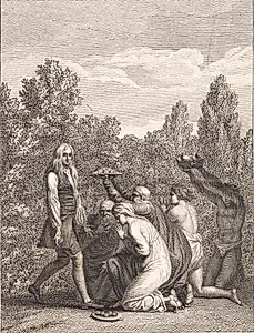 Niels Klim hyldes af Qvamiterne, der bringer ham gaver og knæler for ham by J.F. Clemens