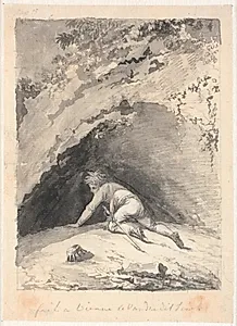 Niels Klim kryber ind i hulen by Nicolai Abildgaard