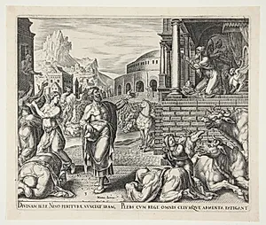 Nineves indbyggere omvendes, da de hører Jonas' forudsigelser by Philips Galle