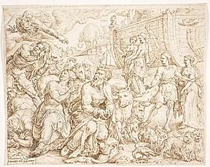 Noa forlader arken og takker Gud by Maarten van Heemskerck