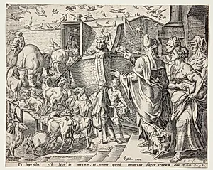 Noa, hans familie og dyrene går ombord i arken by Cornelis Cort