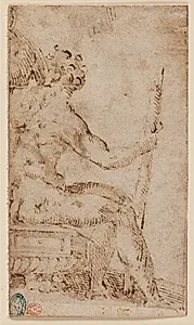 Nøgen Herkules med køllen, set skråt bagfra. Siddende på en ornamenteret kiste med kroppen drejet mod en beskåret figur, der står bag ham by Marcantonio Raimondi