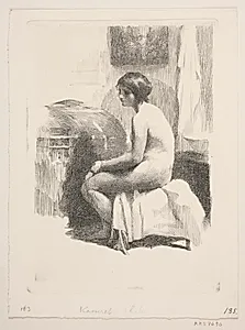 Nøgen kvindelig model, siddende i et værelse by Frans Schwartz