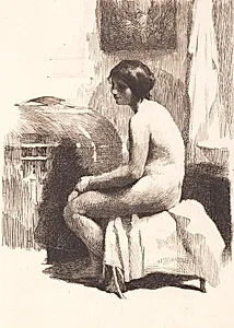 Nøgen kvindelig model, siddende i et værelse by Frans Schwartz