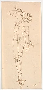 Nøgen mandsfigur med drikkehorn, stående med det ene ben på søjle el. lign. by Johannes Wiedewelt