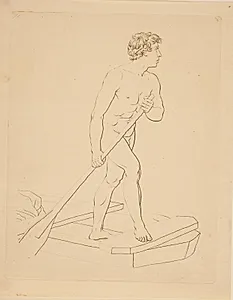 Nøgen ung mand, stående på en båd by Erling Eckersberg