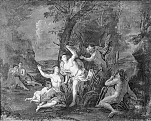 Nogle nymfer overraskes af en satyr. Ved siden sidder en flodgud by Ubekendt