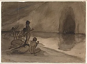 Nøgne mennesker på strandbredden af Aurvangalandet ser båden med Heimdal komme by Isakson, Karl