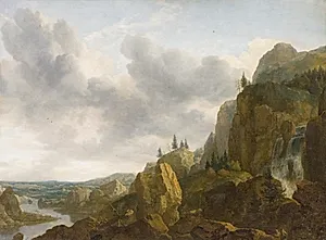 Nordisk klippelandskab med vandfald by Allaert van Everdingen
